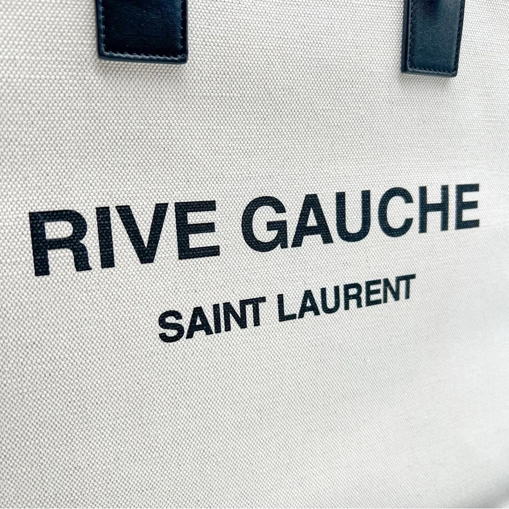 Saint Laurent Rive Gauche North South Canvas Tote – Black Leather Trim